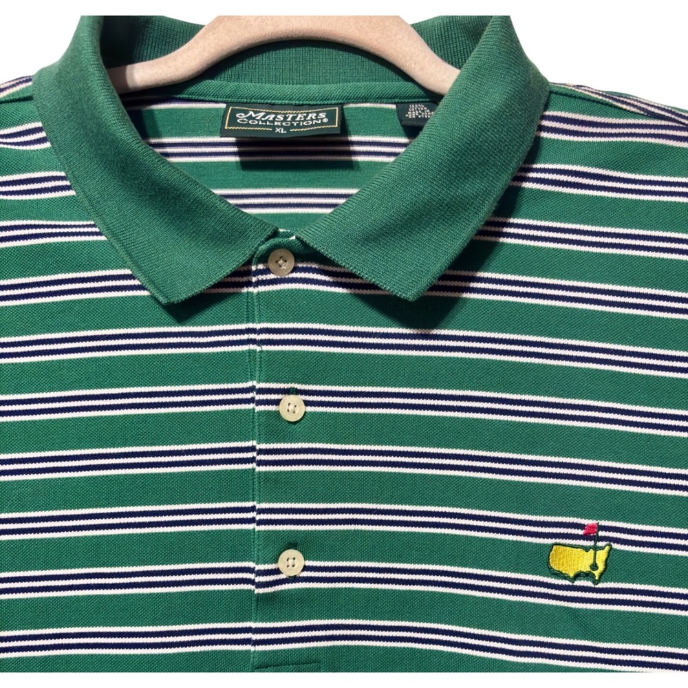 Masters Collection Polo Shirt Mens XL Green Striped Golf Augusta Logo, Cotton